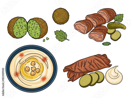 Delicious falafel and hummus platter with pickles and wraps, an assortment of Middle Eastern cuisine