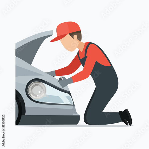 Mechanic kneeling and inspecting car engine in garage, ensuring smooth operation and safety with focused expertise and attention to detail.