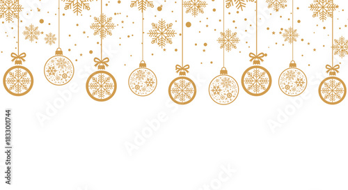 Elegant gold Christmas background with hanging baubles, snowflakes, stars and confetti on white, perfect for festive greeting cards, holiday banners, invitations and seasonal winter celebrations.