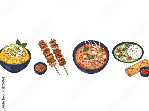 Diverse Collection of Authentic Thai Cuisine Dishes, Featuring Classic Curries, Spicy Soups, Grilled Skewers, and Crispy Spring Rolls, Illustrated in a Vibrant Vector Style