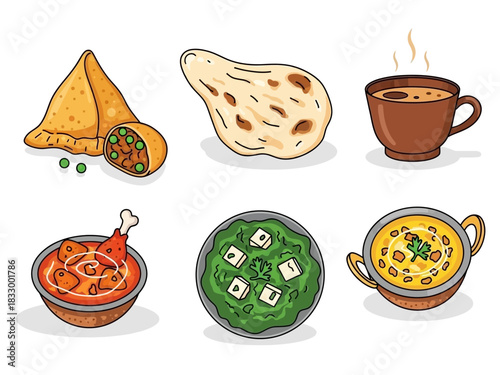 Collection of delicious Indian food dishes and beverages, including samosa, naan, curry, and chai tea
