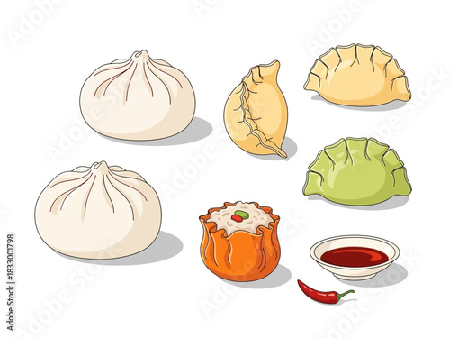 Delicious Variety of Asian Dumplings Vector Illustration
