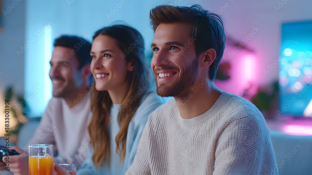 Obraz premium Three young adults enjoy a fun evening of gaming on a couch illuminated by vibrant neon lights sharing smiles and a refreshing drink