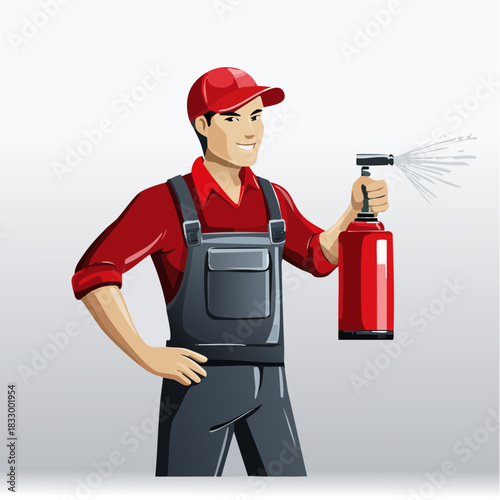 Smiling handyman spraying cleaning solution from red bottle in workshop, showcasing his expertise and dedication to cleanliness and maintenance.