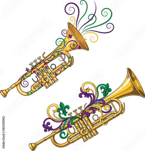 Mardi Gras Decorated Trumpets Vector Set
