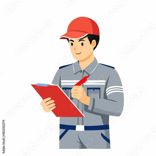 Smiling worker in uniform writing on clipboard at construction site, carefully noting details with a red pen, conveying professionalism and attention to detail.