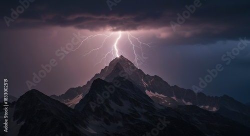 Mountain peak struck by lightning in dark stormy sky