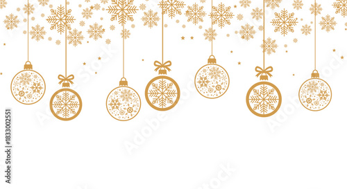 Elegant gold Christmas background with hanging baubles, snowflakes, stars and confetti on white, perfect for festive greeting cards, holiday banners, invitations and seasonal winter celebrations.