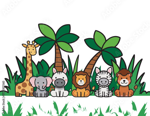 Cute cartoon lion family with giraffe and elephant resting in savanna with palm trees and lush green grass flat bright illustration style