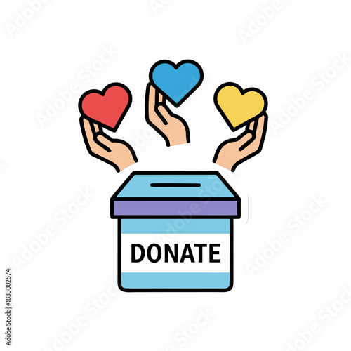 Hands Holding Red Blue and Yellow Hearts Above a Donation Box with Donate Text Symbolizing Charity and Generosity
