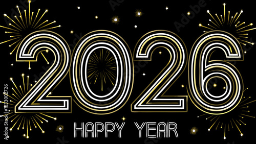 Very beautiful golden “2026” New Year celebration design with glowing light effects on a sleek black background, featuring soft reflections, radiant highlights, and a clean festive composition perfect