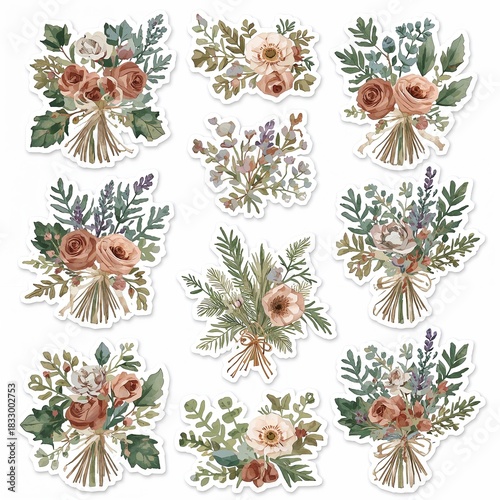 Watercolor style bouquets with muted earthy rose green foliage and lavender accents isolated stickers