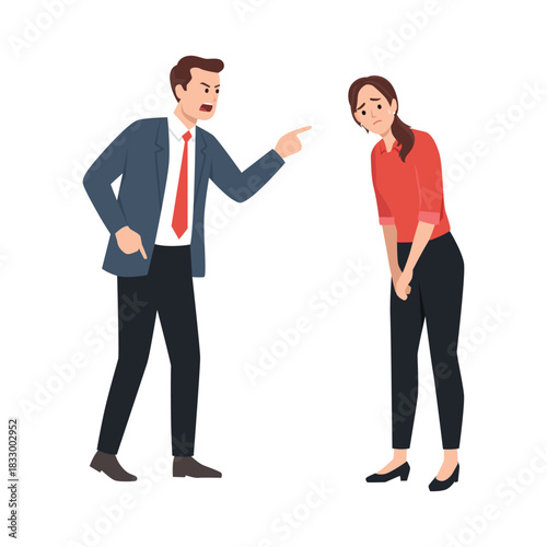 Angry boss scolding employee, workplace stress and verbal conflict. Flat vector illustration isolated on white background