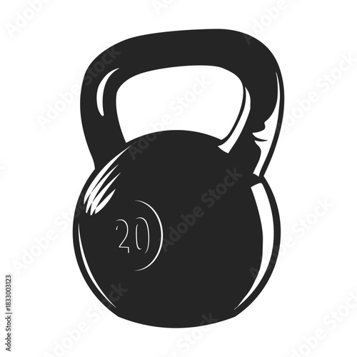 A bold black-and-white minimalist illustration of a kettlebell with clean lines and subtle highlights.