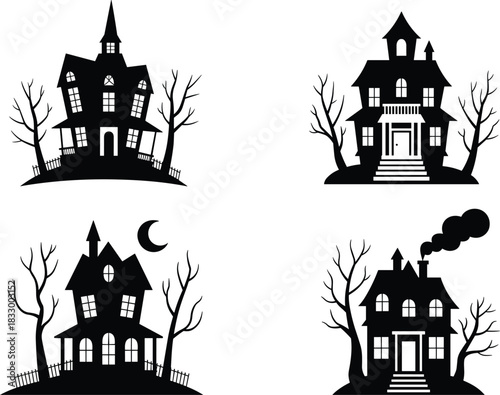 Collection of spooky haunted house silhouettes with barren trees, eerie atmosphere, Halloween theme, creepy architecture, and dark mysterious night illustration elements
