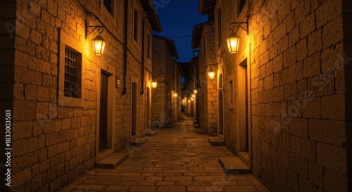 Fototapeta Naklejka Na Ścianę i Meble -  Narrow, stone-walled alleyway at dusk.  Ancient buildings line both sides, lit by warm lanterns