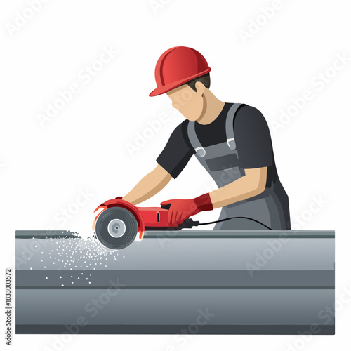 Construction worker grinding metal beam with power tool on site creating sparks, showcasing skilled labor and industrial process in modern industry.