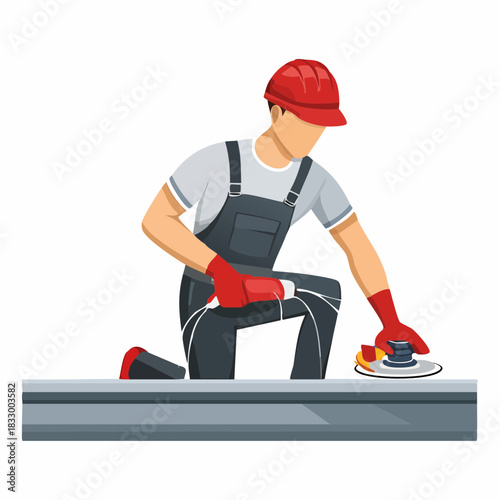 Construction worker using power tool on metal beam at construction site, showcasing labor and industrial work with precision and focus.