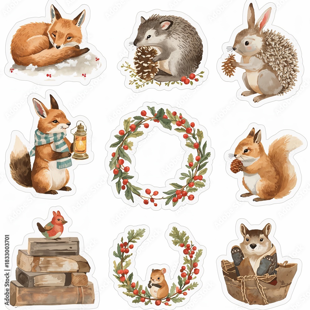 Obraz premium Watercolor forest animal stickers with winter berries wreaths and books transparent background