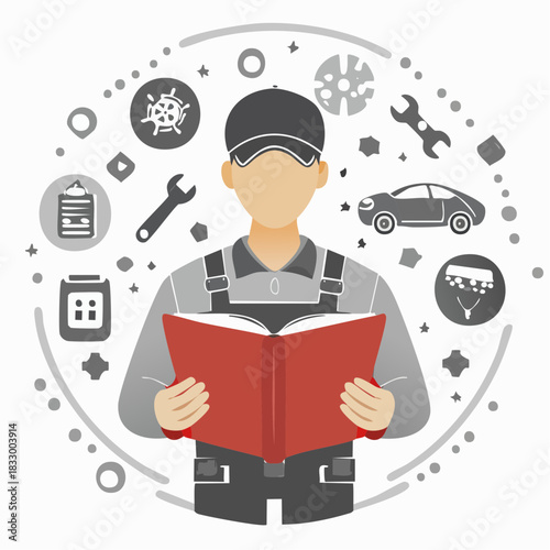 Mechanic reading repair manual in garage surrounded by tools and car parts, showcasing automotive expertise and problemsolving skills in a modern style.