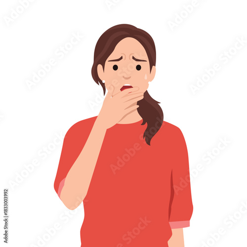 Worried woman touching her mouth – anxiety and concern expression. Flat vector illustration isolated on white background
