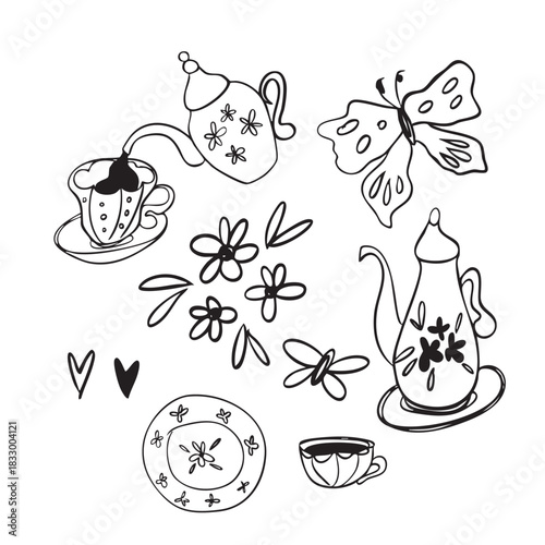 Doodle vector drawings of a lovely tea party with a butterfly, vintage teapots and cups. Hearts and flowers.