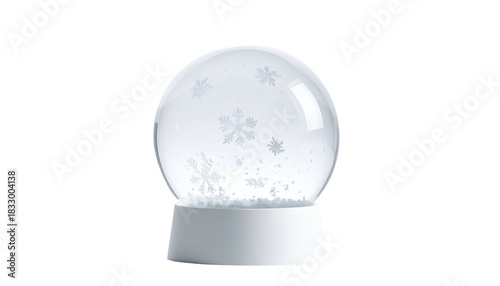 White snow globe with floating snowflakes on a black backdrop