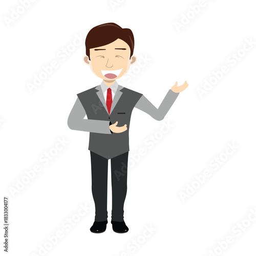 Happy businessman making a presenting gesture with one hand