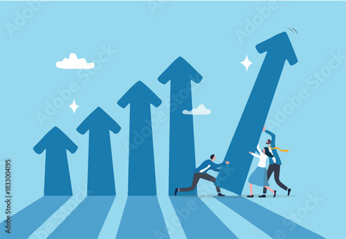 Teamwork to help business growth, team success or increase performance, improvement or growing business, career growth or effort to succeed concept, business people team help build growth graph chart