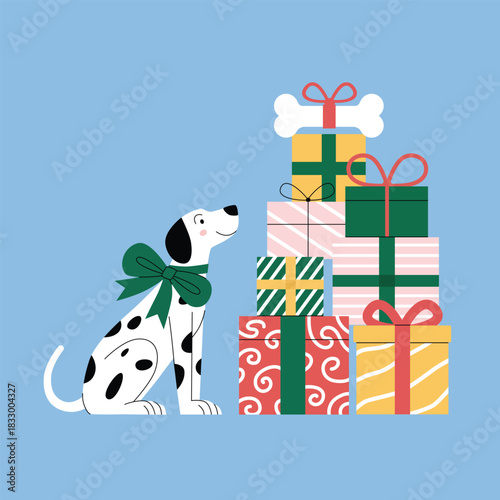 Dalmatian admiring festive gift stack topped with a bone