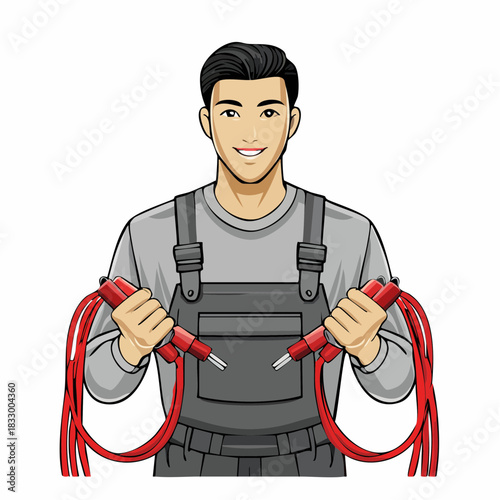 Smiling electrician holding red jumper cables in workshop, ready to assist with vehicle repairs and maintenance, conveying a sense of confidence and expertise.
