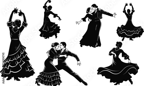 Silhouette illustration set of Latin and ballroom dancers in expressive poses for cultural, performance, and editorial vector content