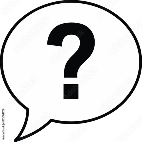 Black question mark icon in a speech bubble on a white background. Symbolizes uncertainty, questioning, quiz, problem-solving, and seeking answers