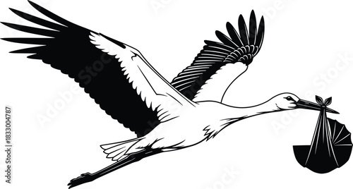 Flying stork carrying baby bundle in beak, symbolic birth illustration, newborn arrival concept, motherhood, family celebration, parenting and baby announcement design