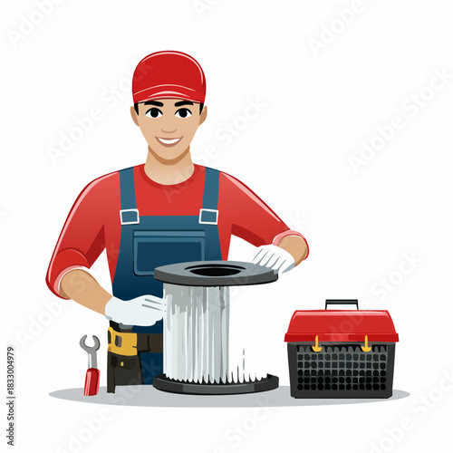 Smiling mechanic in red uniform replacing air filter in garage with toolbox nearby, showcasing maintenance and repair expertise.