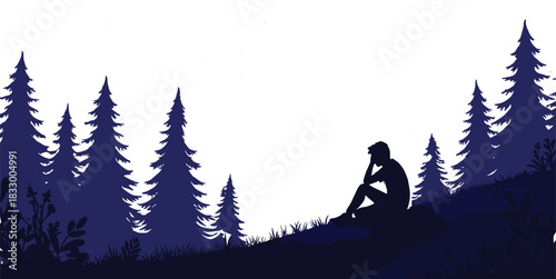 Silhouette of person sitting in forest, contemplative pose on hill, twilight scene, pine trees, peaceful nature, vector design, dark blue tones