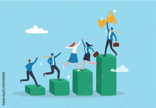 Team growth, growing business success, employee engagement, career progress, achievement or challenge, corporate ladder, motivation to win together concept, business people climb up growth graph.