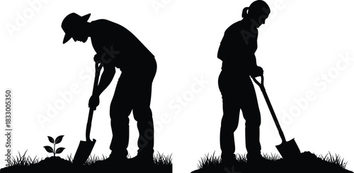 Silhouette set of male and female farmers digging the ground with shovels and planting a small tree seedling in the garden vector.