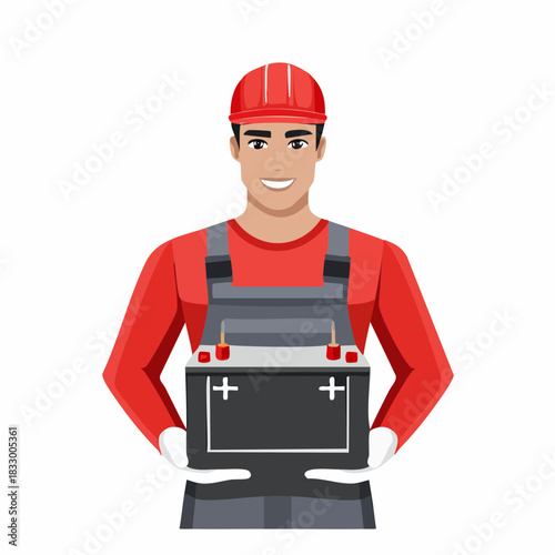 Smiling mechanic in red helmet holding car battery in garage, ready to install it with a cheerful and professional demeanor, showcasing automotive expertise.