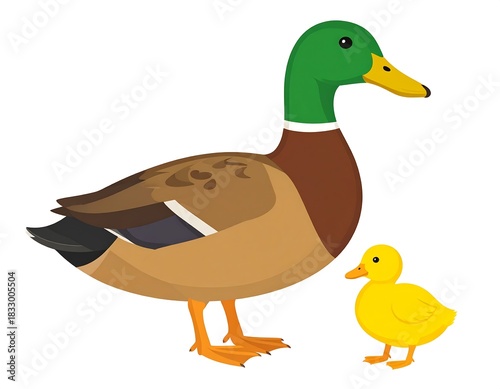 Cute cartoon illustration of a mallard duck with a duckling on a white background