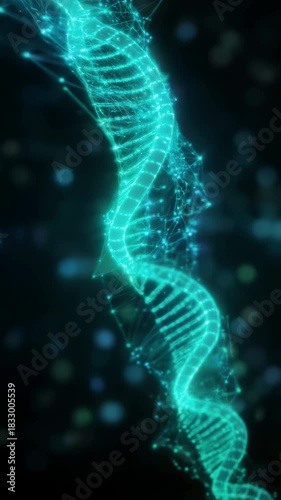 Intricate glowing DNA helix against dark backdrop, symbolizing the essence of life and scientific advancement.