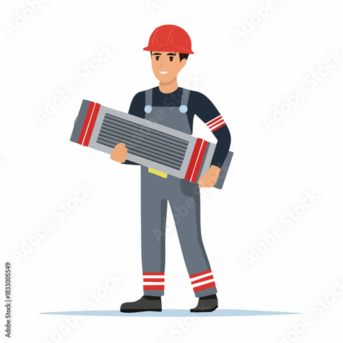 Smiling construction worker carrying ventilation unit on construction site during sunny day showing his professionalism and dedication.