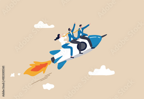 Team direction, leadership to guide team to success, boost team productivity or innovation to succeed, partnership or success startup concept, business people riding rocket, leader pointing direction.