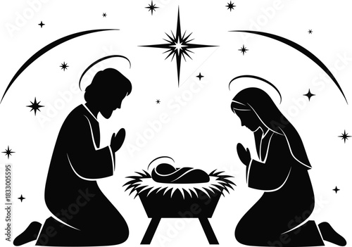 Silhouette vector illustration of the holy family nativity scene with Mary, Joseph, and baby Jesus in a manger under a shining star.