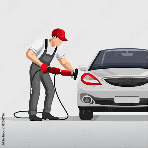 Mechanic polishing white car with electric buffer in auto repair shop, ensuring a glossy finish and meticulous attention to detail, reflecting professionalism and care.