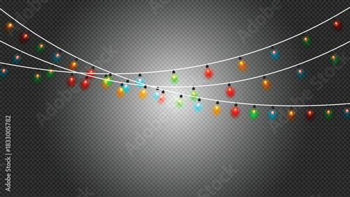Garland with colorful glowing string lights decoration for holiday. Lightbulb decoration for festive and celebration design.