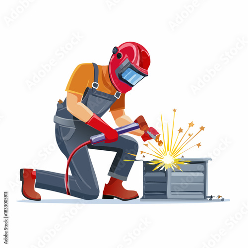 Welder kneeling while welding metal cabinet in workshop wearing protective gear and creating sparks during industrial process.