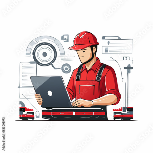 Construction worker using laptop for project management on site, wearing red uniform and hardhat, showcasing modern technology in construction industry.