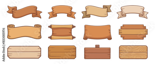 Wooden banners and signboard frames with rustic wood texture, retro game assets, perfect for advertising, marketing and design