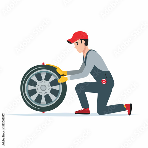 Mechanic in uniform changing car tire in garage with tools showing expertise and precision, ensuring vehicle safety and reliability.